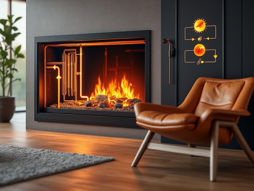 Cheminée moderne avec fauteuil en cuir.