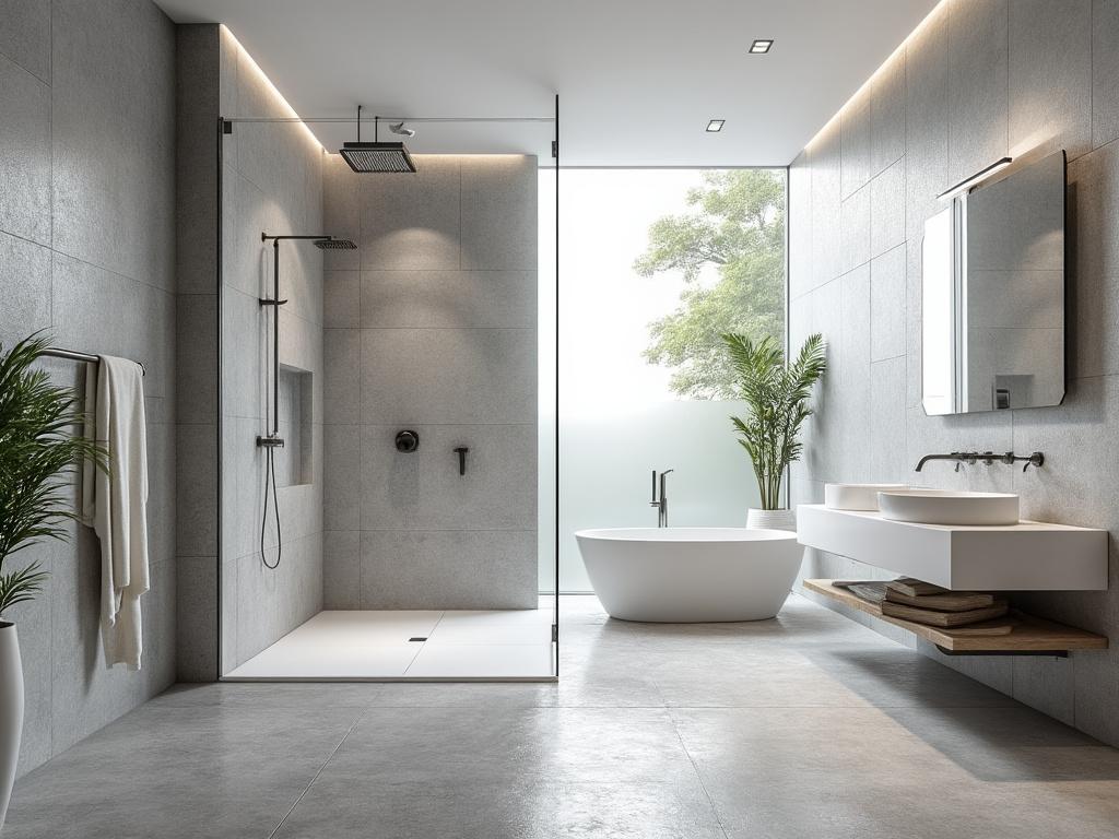 Salle de bain moderne avec baignoire et douche.