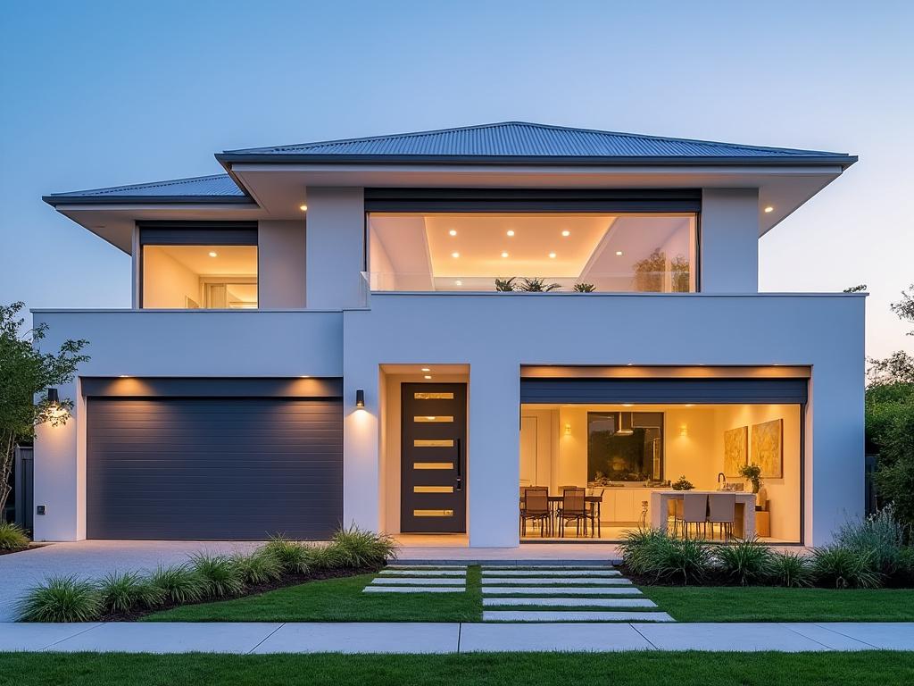 Maison moderne avec éclairage extérieur au crépuscule.