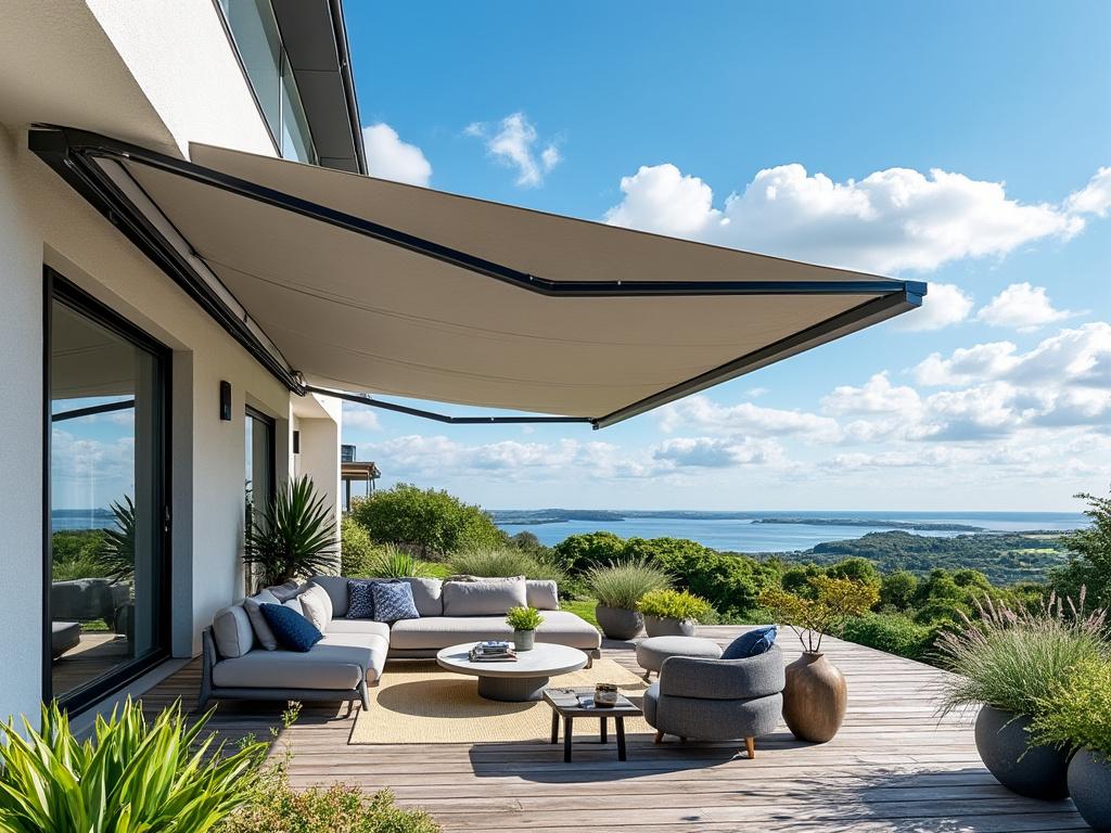 Terrasse avec vue panoramique sur mer et verdure.